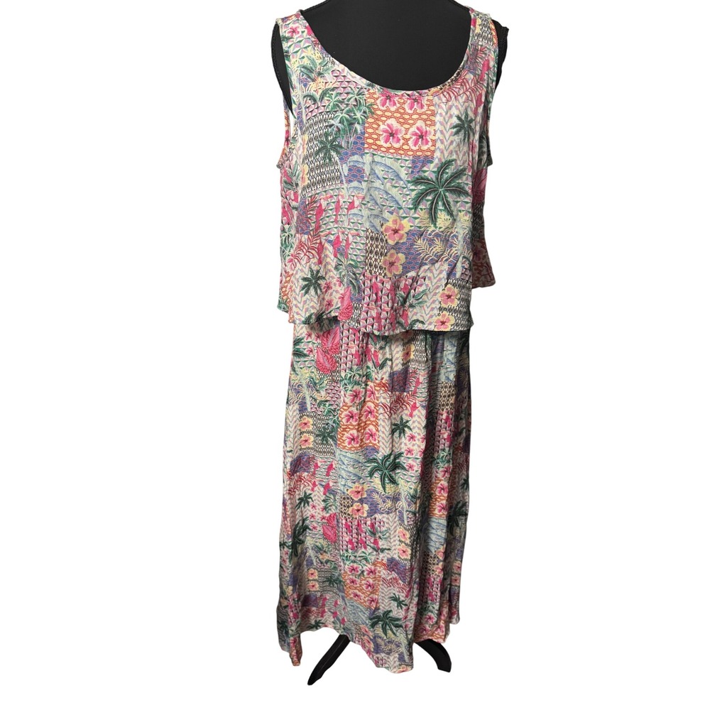 Robert Louis Tropical Patchwork Maxi Dress Womens Medium Pink Floral Palm Tree - Picture 5 of 6